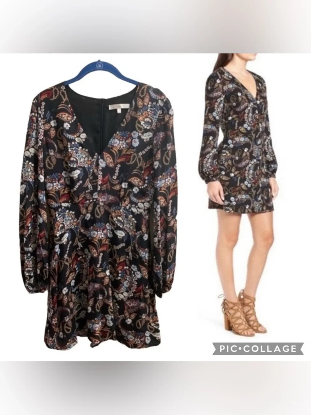 Wayf Malone  Paisley Black Floral V-Neck Mini Swing Dress Size Small Fall